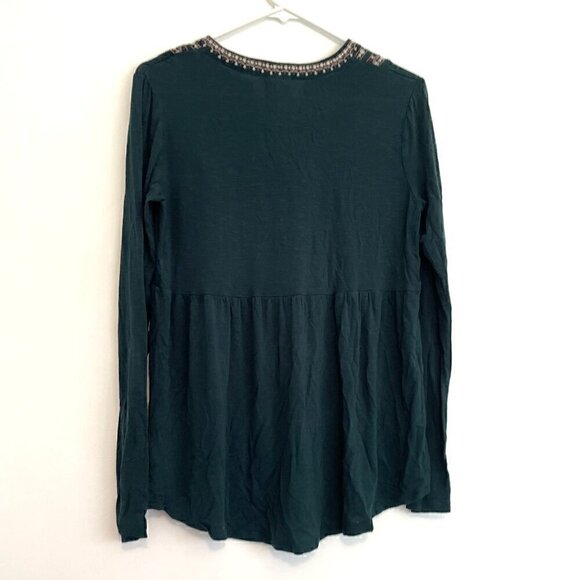 KNOX ROSE Embroidered Knit Top Dark Green Floral Boho Long Sleeve Peasant Blouse - Picture 12 of 13